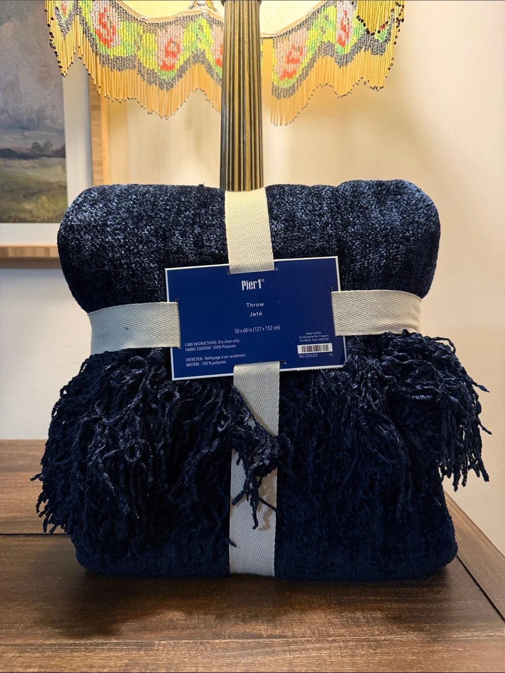 Pier 1 Navy Chenille Throw with Fringe